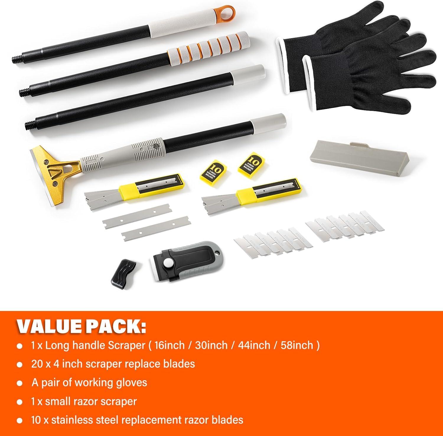 imageGomake 4quot Wide Razor Blade Scraper Tool with Adjustable 1658quot13ft 48ft Long Handle 20PCS Extra Metal Blades Cleaning Glass Wall Scraper Painting stripping tools Tile Floors Walls