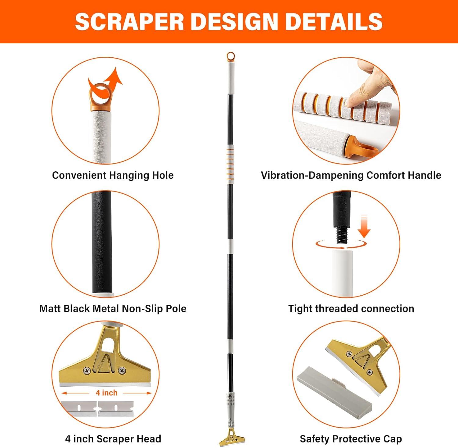 imageGomake 4quot Wide Razor Blade Scraper Tool with Adjustable 1658quot13ft 48ft Long Handle 20PCS Extra Metal Blades Cleaning Glass Wall Scraper Painting stripping tools Tile Floors Walls