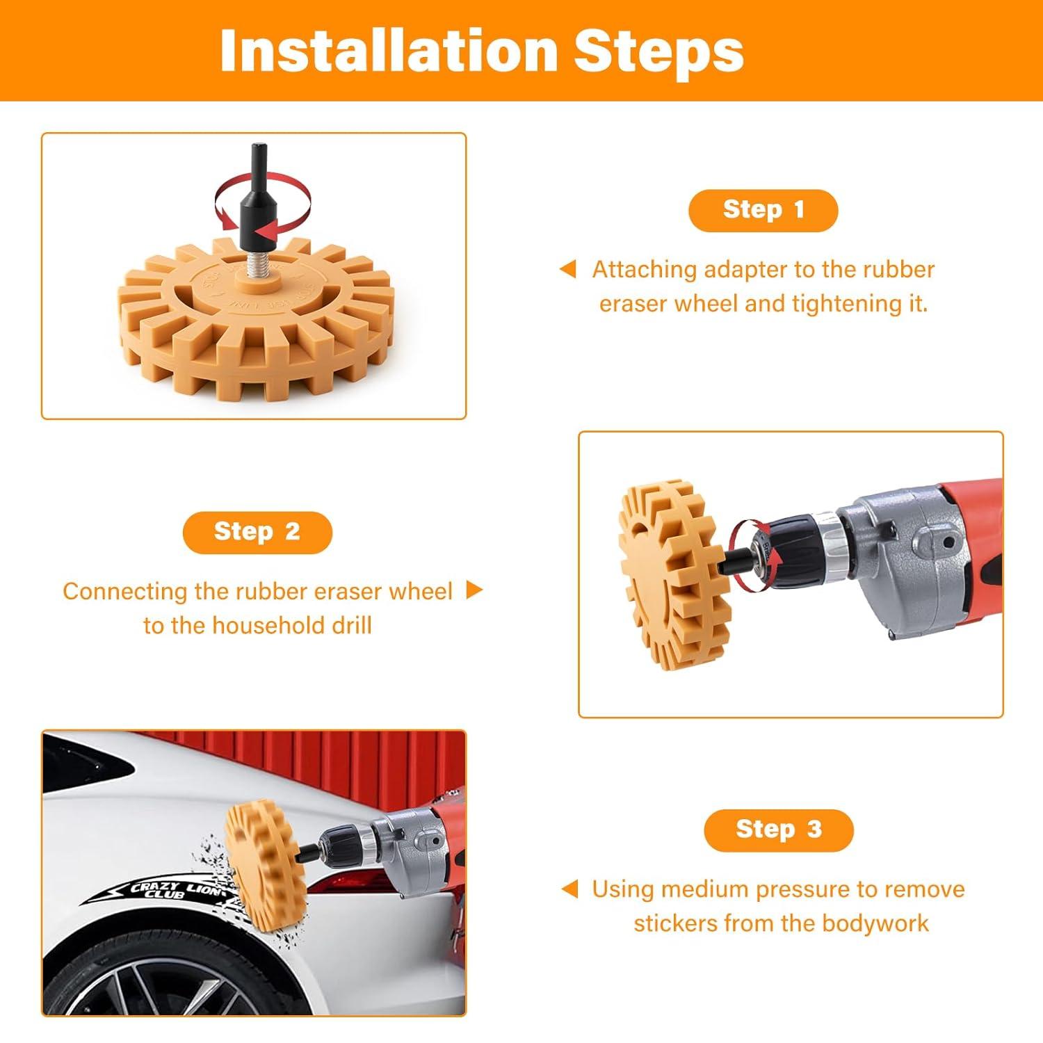 imageGomake Decal Remover Eraser Wheel Tool Kit with Drill Adapter Vinyl Decal Adhesive Removal Tool with Razor Blade Scraper for Removing Pinstripes Stickers Mix 2 Pack SlottedMix