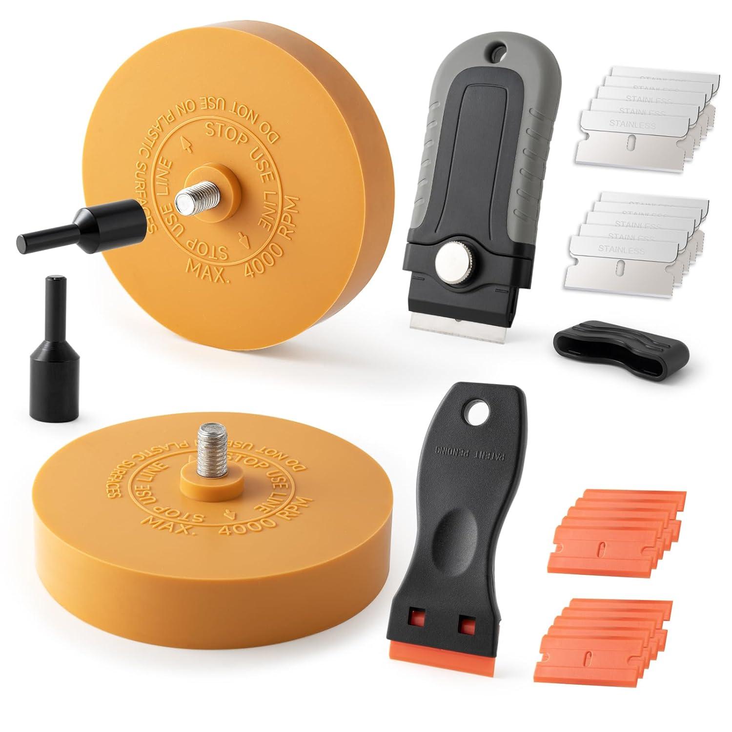 imageGomake Decal Remover Eraser Wheel Tool Kit with Drill Adapter Vinyl Decal Adhesive Removal Tool with Razor Blade Scraper for Removing Pinstripes Stickers Mix 2 Pack SlottedMix