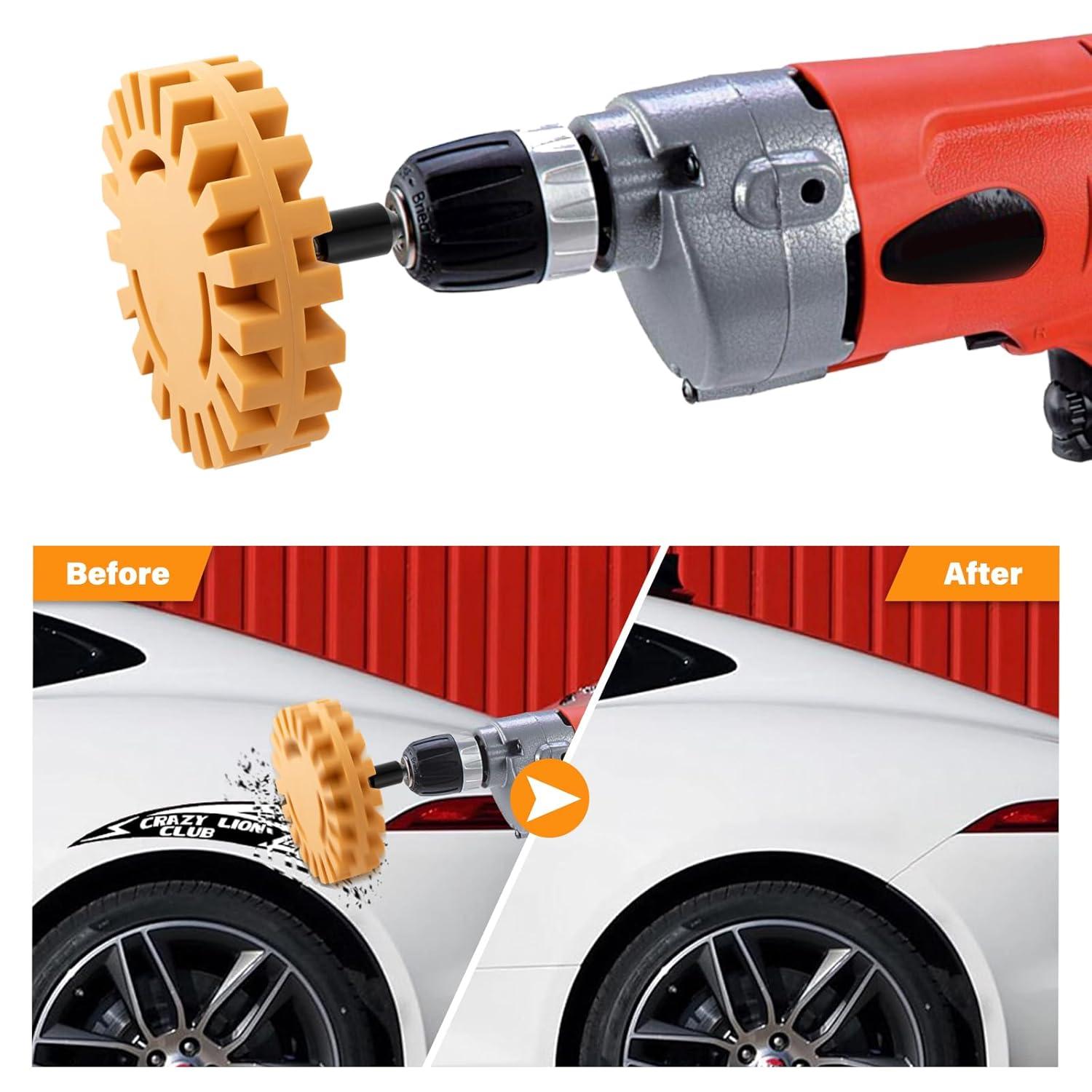 imageGomake Decal Remover Eraser Wheel Tool Kit with Drill Adapter Vinyl Decal Adhesive Removal Tool with Razor Blade Scraper for Removing Pinstripes Stickers Mix 2 Pack SlottedMix