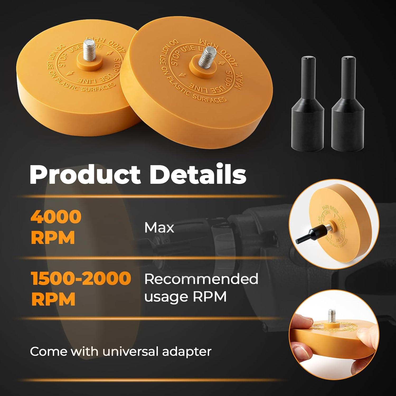 imageGomake Decal Remover Eraser Wheel Tool Kit with Drill Adapter Vinyl Decal Adhesive Removal Tool with Razor Blade Scraper for Removing Pinstripes Stickers Mix 2 Pack SlottedMix