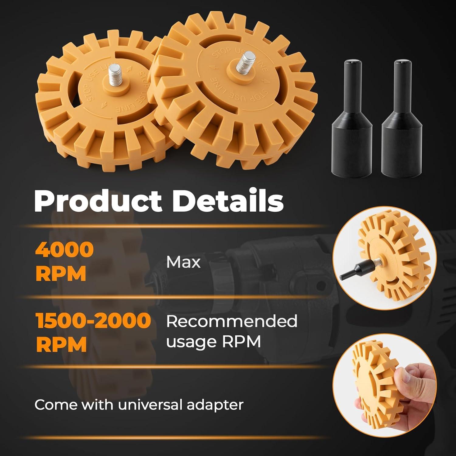 imageGomake Decal Remover Eraser Wheel Tool Kit with Drill Adapter Vinyl Decal Adhesive Removal Tool with Razor Blade Scraper for Removing Pinstripes Stickers Mix 2 Pack SlottedMix