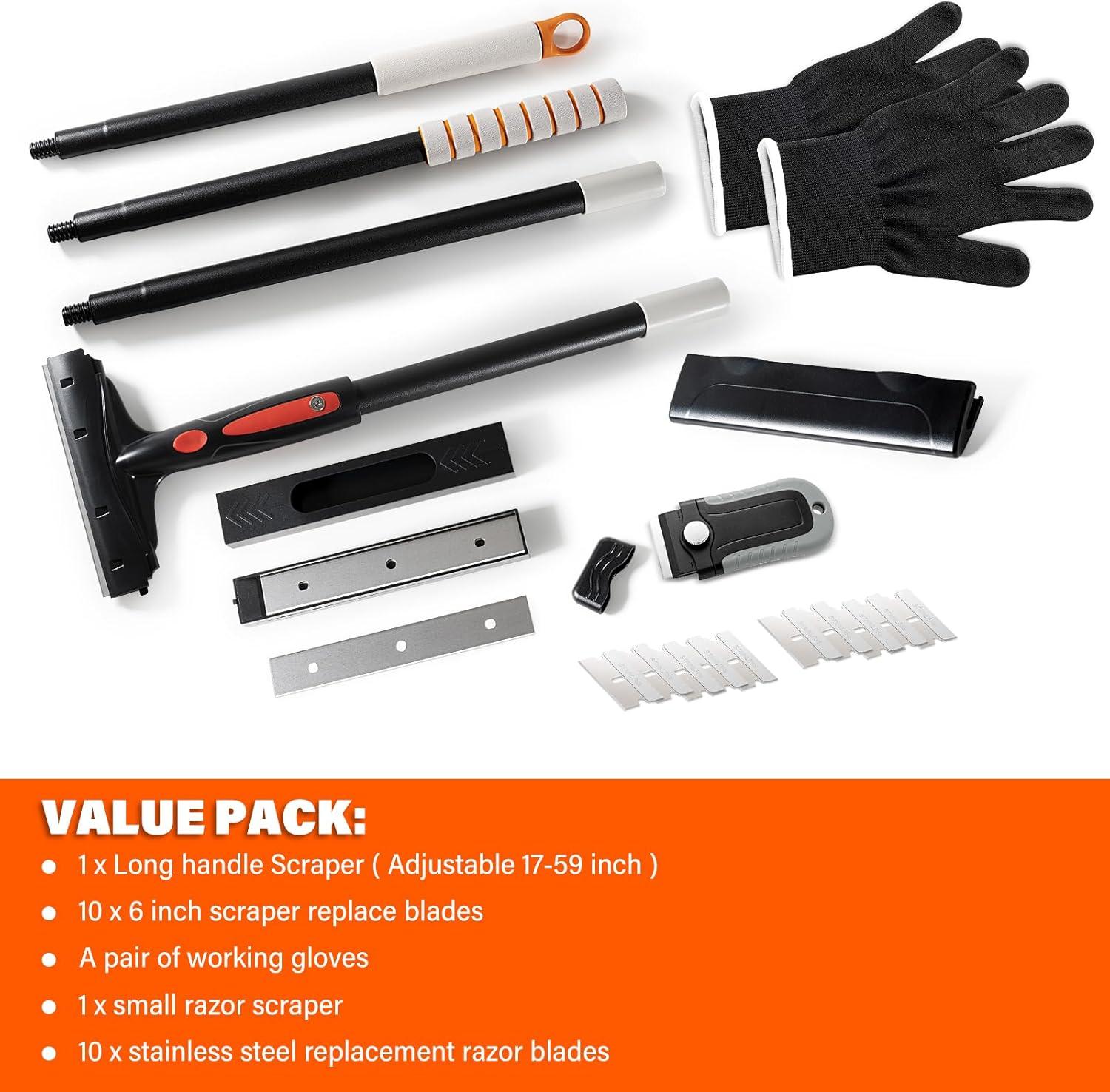 imageGomake Extendable Floor Scraper Heavy Duty 6quot Wide Razor Blade Scraper Tool with 1759quot 14ft 49ftLong Handle 10PCS Extra Metal Blades for Cleaning Glass Wall Gum Paint Tile Glue