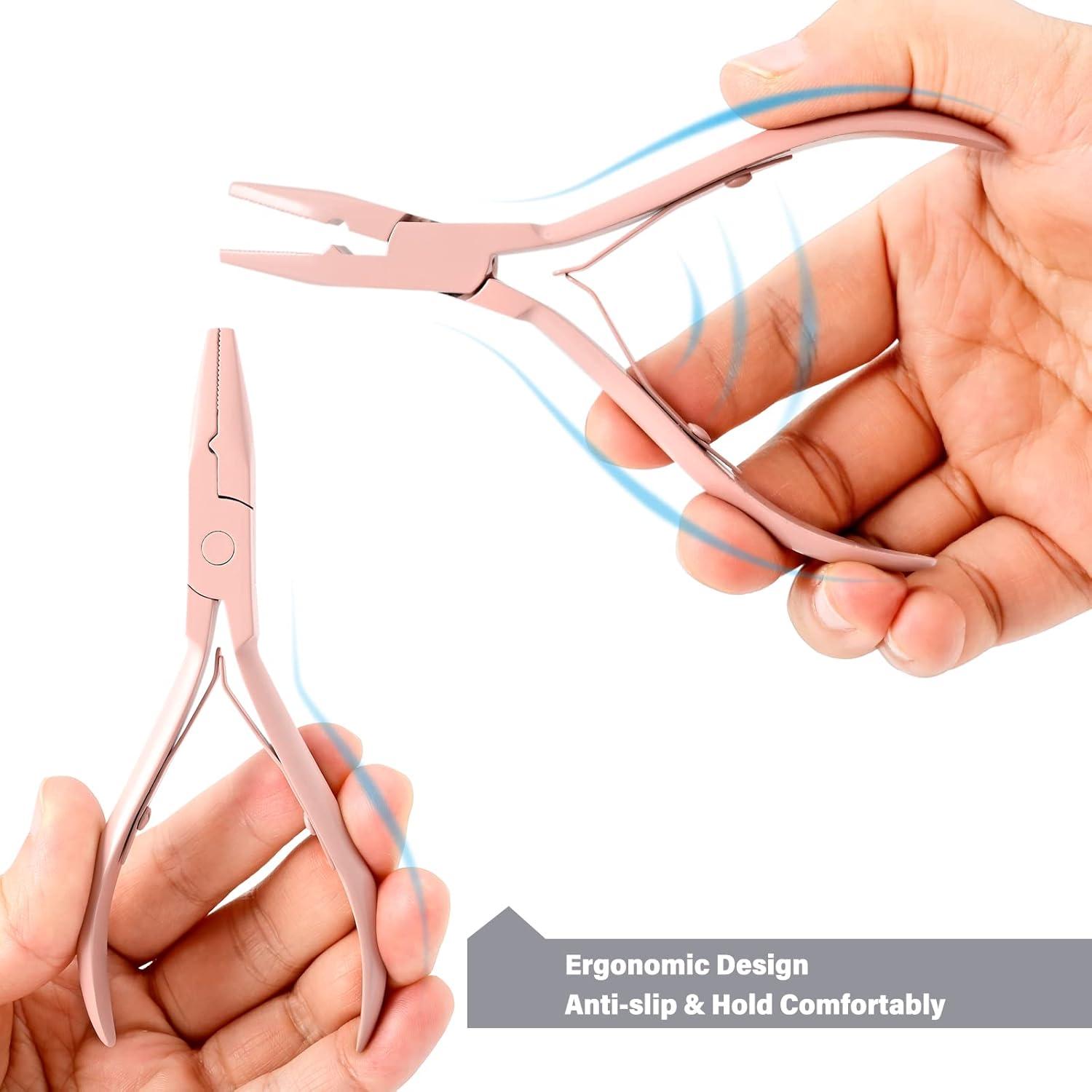imageGomake Hair Extensions Closed and Remover Pliers set Micro Silicone Rings Beads Hair Extensions Loop Needle Threader Pulling Hook Tool and Bead Device Tool for Hair or Feather Extensions GoldPink