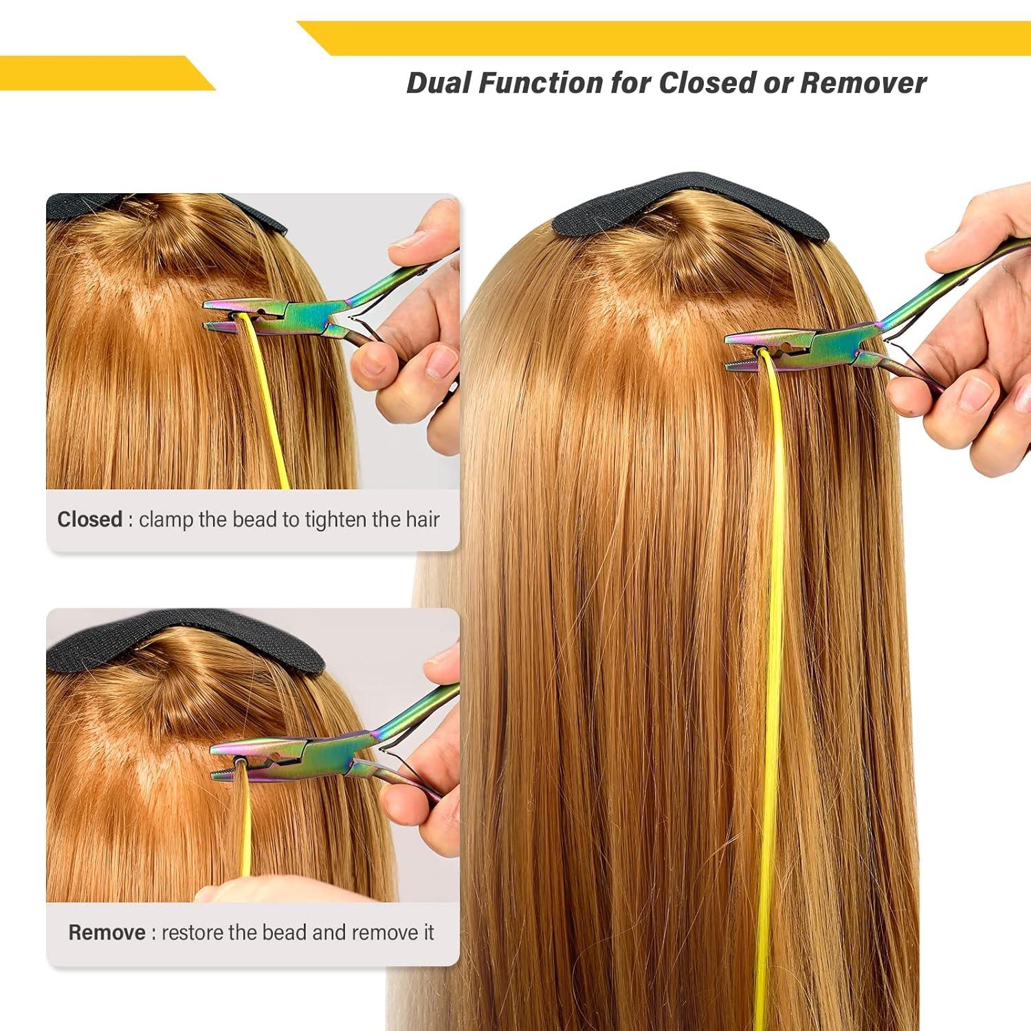 imageGomake Hair Extensions Closed and Remover Pliers set Micro Silicone Rings Beads Hair Extensions Loop Needle Threader Pulling Hook Tool and Bead Device Tool for Hair or Feather Extensions GoldRainbow