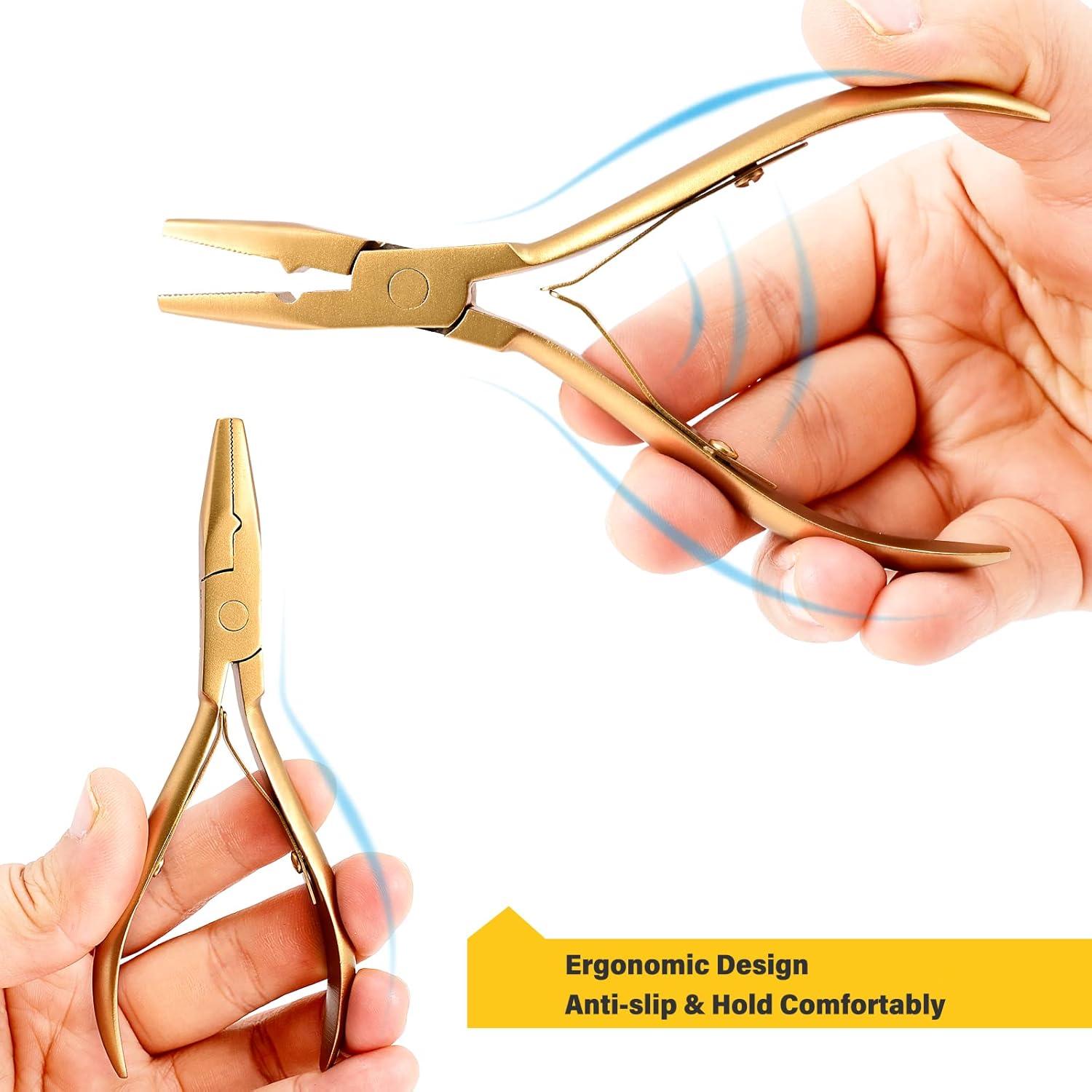 imageGomake Hair Extensions Closed and Remover Pliers set Micro Silicone Rings Beads Hair Extensions Loop Needle Threader Pulling Hook Tool and Bead Device Tool for Hair or Feather Extensions GoldGold