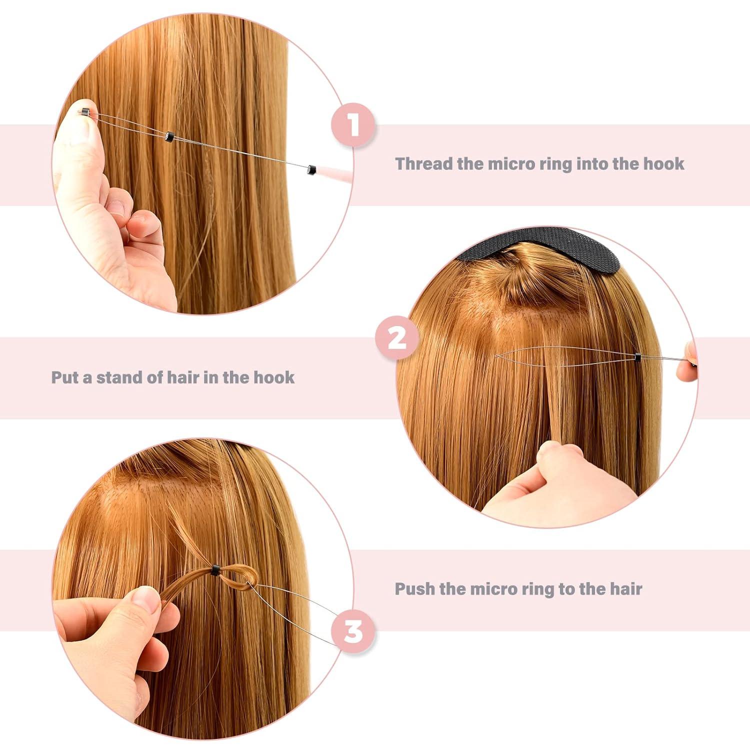 imageGomake Hair Extensions Closed and Remover Pliers set Micro Silicone Rings Beads Hair Extensions Loop Needle Threader Pulling Hook Tool and Bead Device Tool for Hair or Feather Extensions GoldPink