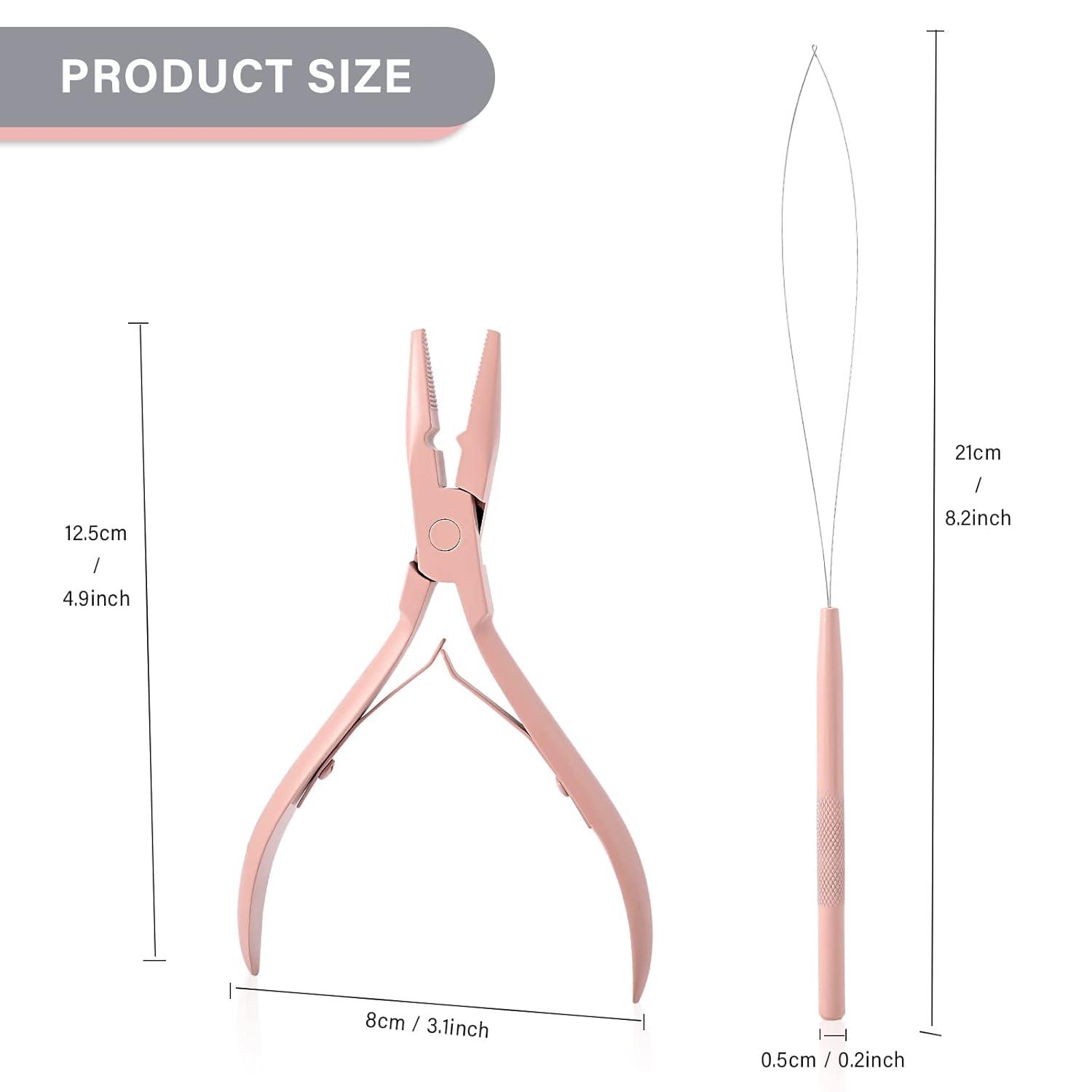 imageGomake Hair Extensions Closed and Remover Pliers set Micro Silicone Rings Beads Hair Extensions Loop Needle Threader Pulling Hook Tool and Bead Device Tool for Hair or Feather Extensions GoldPink