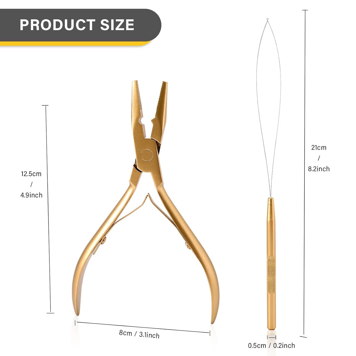imageGomake Hair Extensions Closed and Remover Pliers set Micro Silicone Rings Beads Hair Extensions Loop Needle Threader Pulling Hook Tool and Bead Device Tool for Hair or Feather Extensions GoldGold