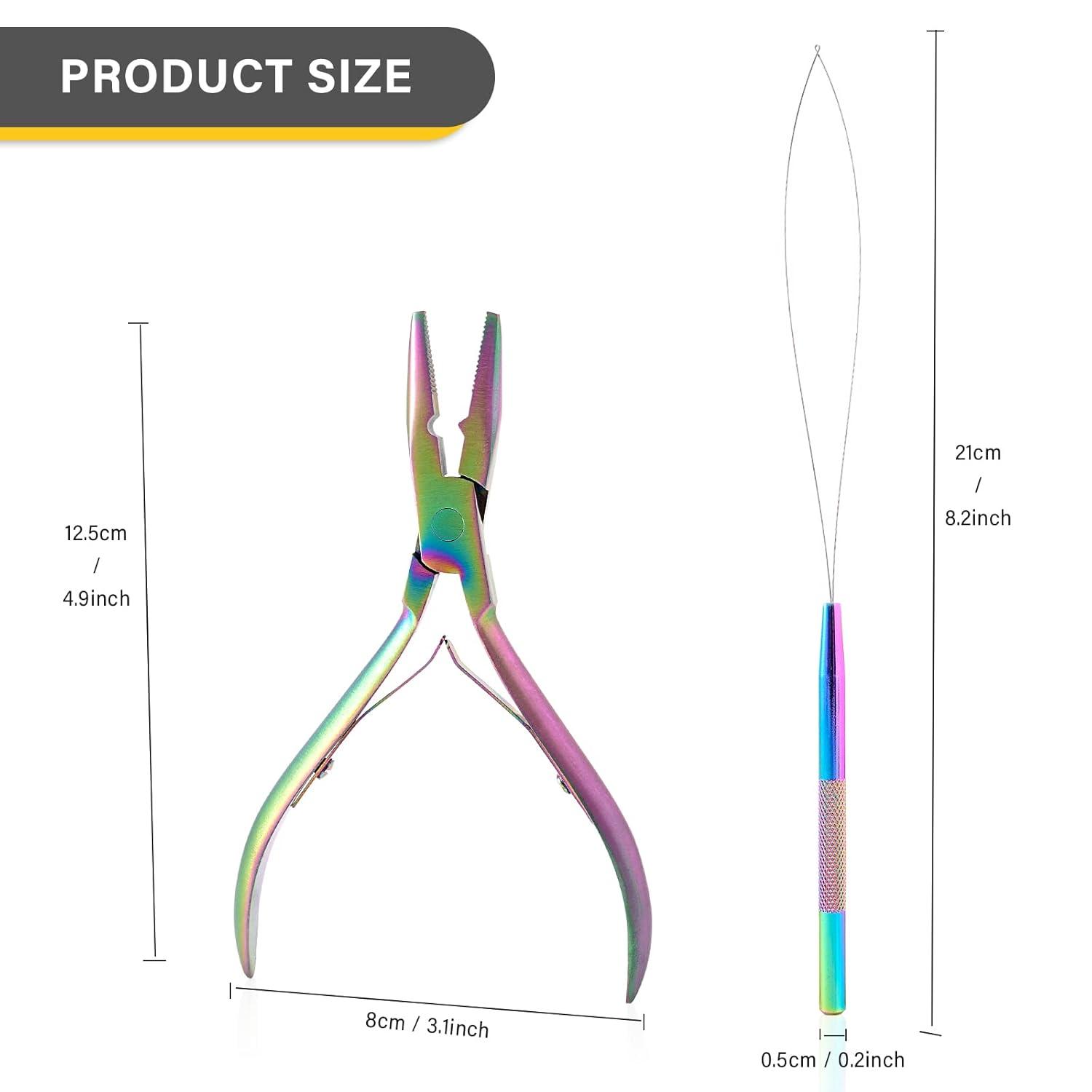 imageGomake Hair Extensions Closed and Remover Pliers set Micro Silicone Rings Beads Hair Extensions Loop Needle Threader Pulling Hook Tool and Bead Device Tool for Hair or Feather Extensions GoldRainbow