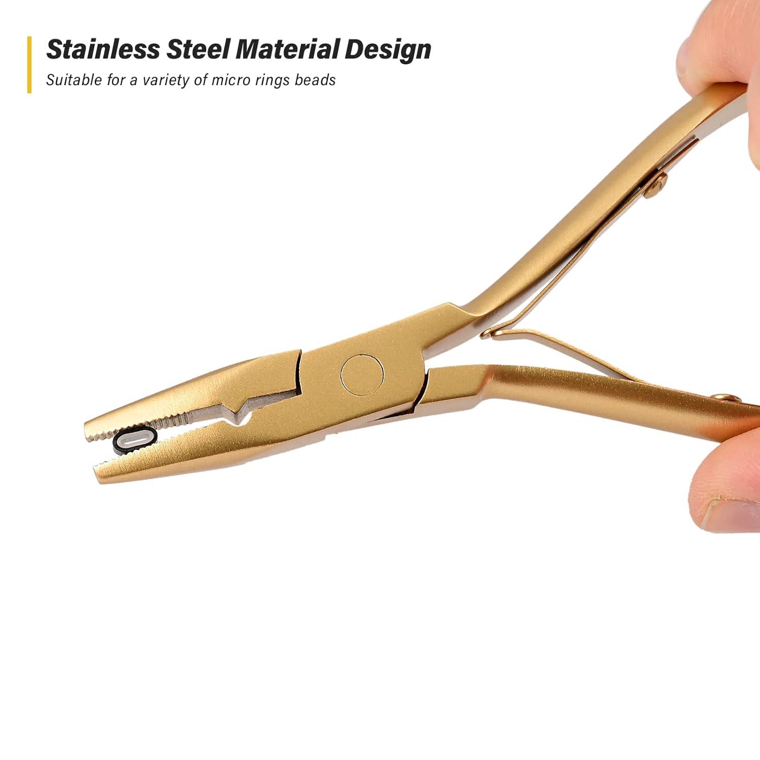 imageGomake Hair Extensions Closed and Remover Pliers set Micro Silicone Rings Beads Hair Extensions Loop Needle Threader Pulling Hook Tool and Bead Device Tool for Hair or Feather Extensions GoldGold