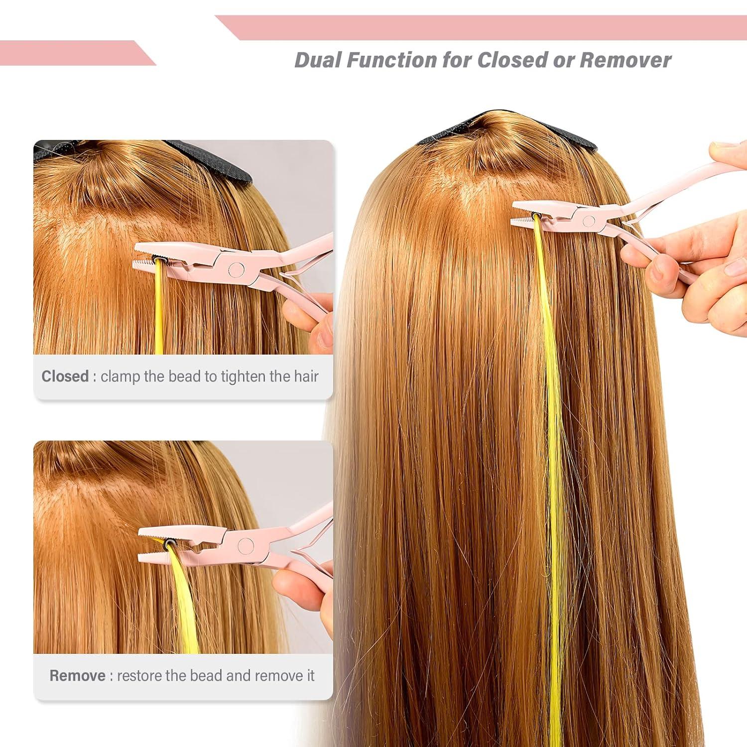 imageGomake Hair Extensions Closed and Remover Pliers set Micro Silicone Rings Beads Hair Extensions Loop Needle Threader Pulling Hook Tool and Bead Device Tool for Hair or Feather Extensions GoldPink