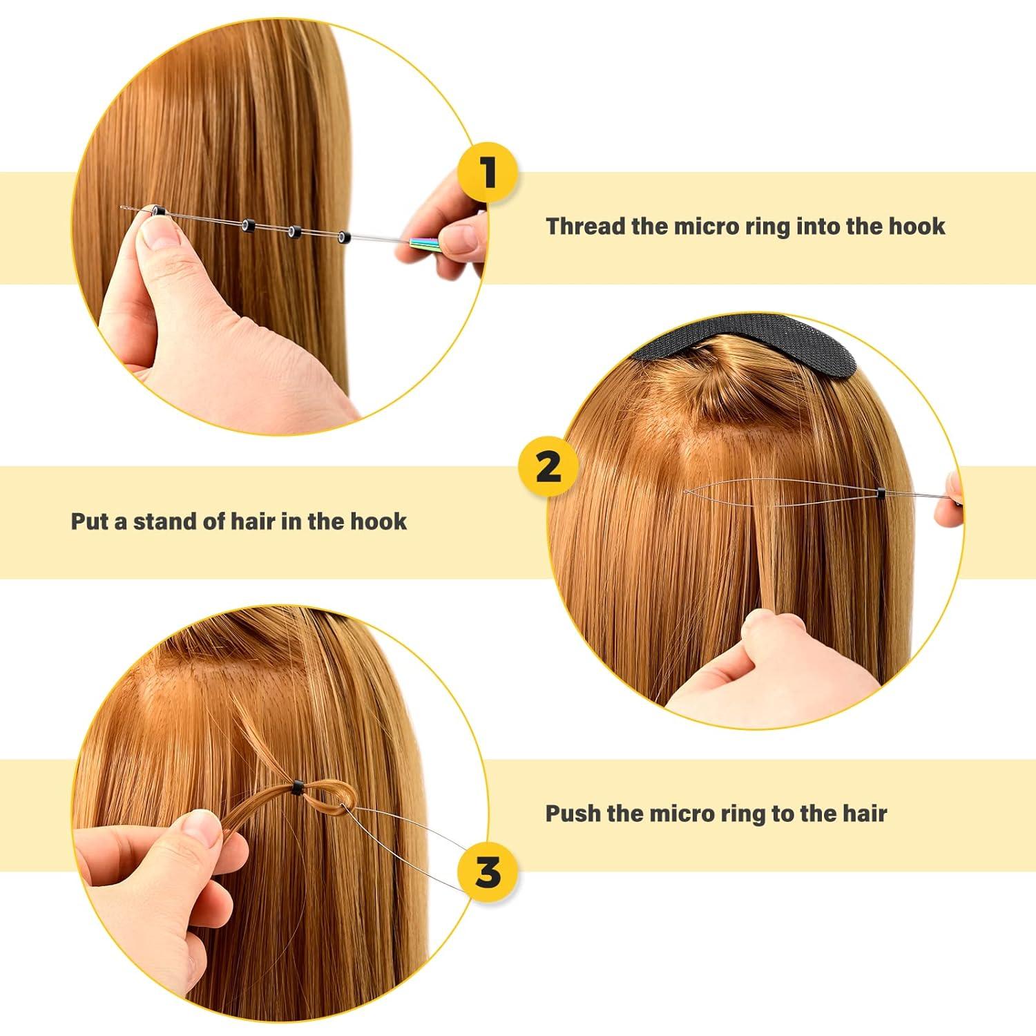 imageGomake Hair Extensions Closed and Remover Pliers set Micro Silicone Rings Beads Hair Extensions Loop Needle Threader Pulling Hook Tool and Bead Device Tool for Hair or Feather Extensions GoldRainbow