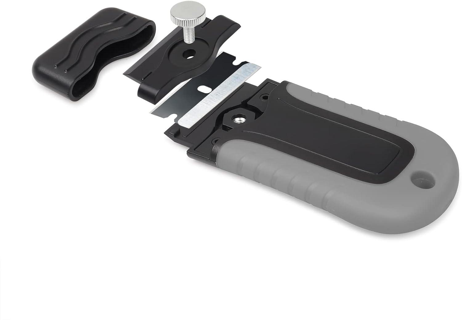 imageGomake Locking Razor Blade Scraper with Safety Cap Glass Cooktop Scraper with 10PCS Black Carbon Steel Blades for Glass Clean Paint and Old LabelDecal Sticker Remover Stove Top Scraper ToolGrey With Black Blades