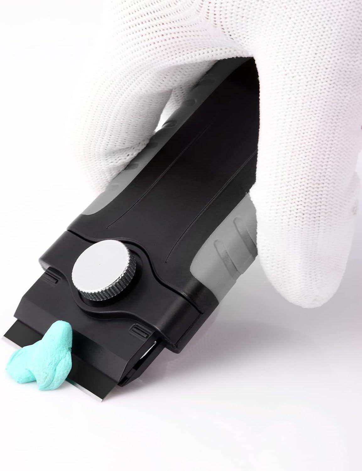 imageGomake Locking Razor Blade Scraper with Safety Cap Glass Cooktop Scraper with 10PCS Black Carbon Steel Blades for Glass Clean Paint and Old LabelDecal Sticker Remover Stove Top Scraper ToolGrey With Black Blades