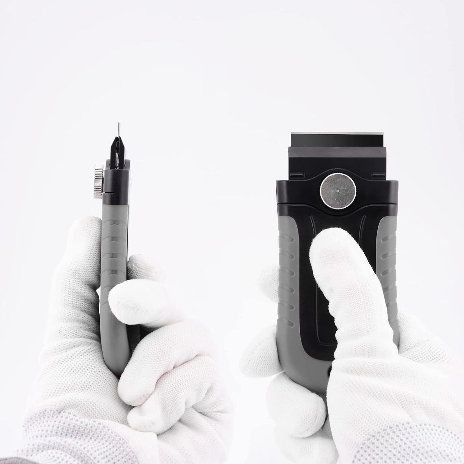 imageGomake Locking Razor Blade Scraper with Safety Cap Glass Cooktop Scraper with 10PCS Black Carbon Steel Blades for Glass Clean Paint and Old LabelDecal Sticker Remover Stove Top Scraper ToolGrey With Black Blades