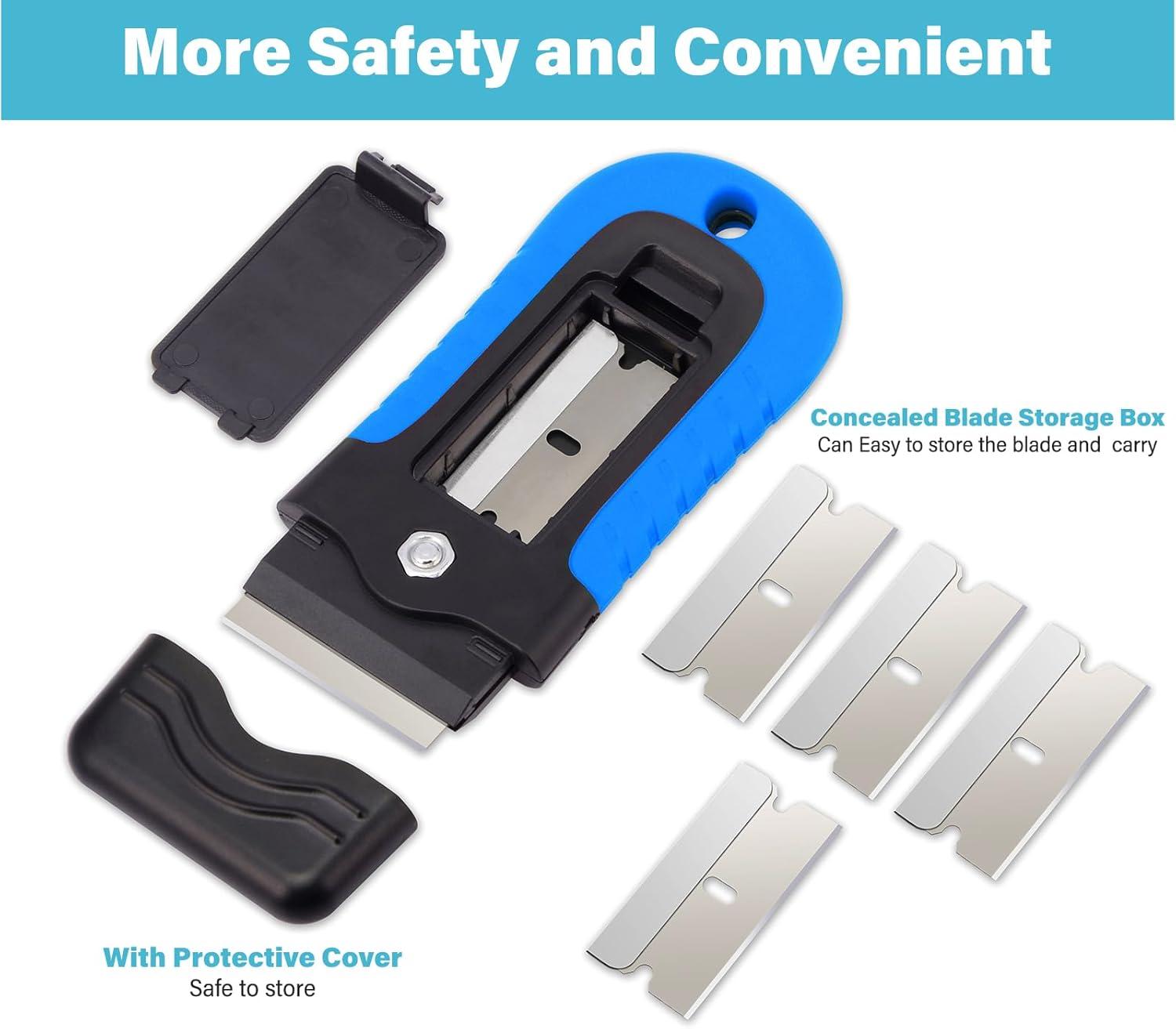 imageGomake Locking Razor Blade Scraper with Safety Cap Glass Cooktop Scraper with 10PCS Black Carbon Steel Blades for Glass Clean Paint and Old LabelDecal Sticker Remover Stove Top Scraper ToolBlue