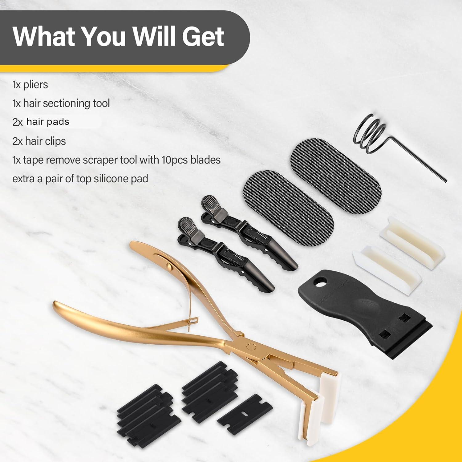imageGomake Tape in Hair Extension Tools Kit with Flat Surface Stainless Steel Tape in Hair Extensions Sealing Clamp PlierTape Remover Scraper ToolHair Clips Human Hair Extensions Styling ToolsPinkGold