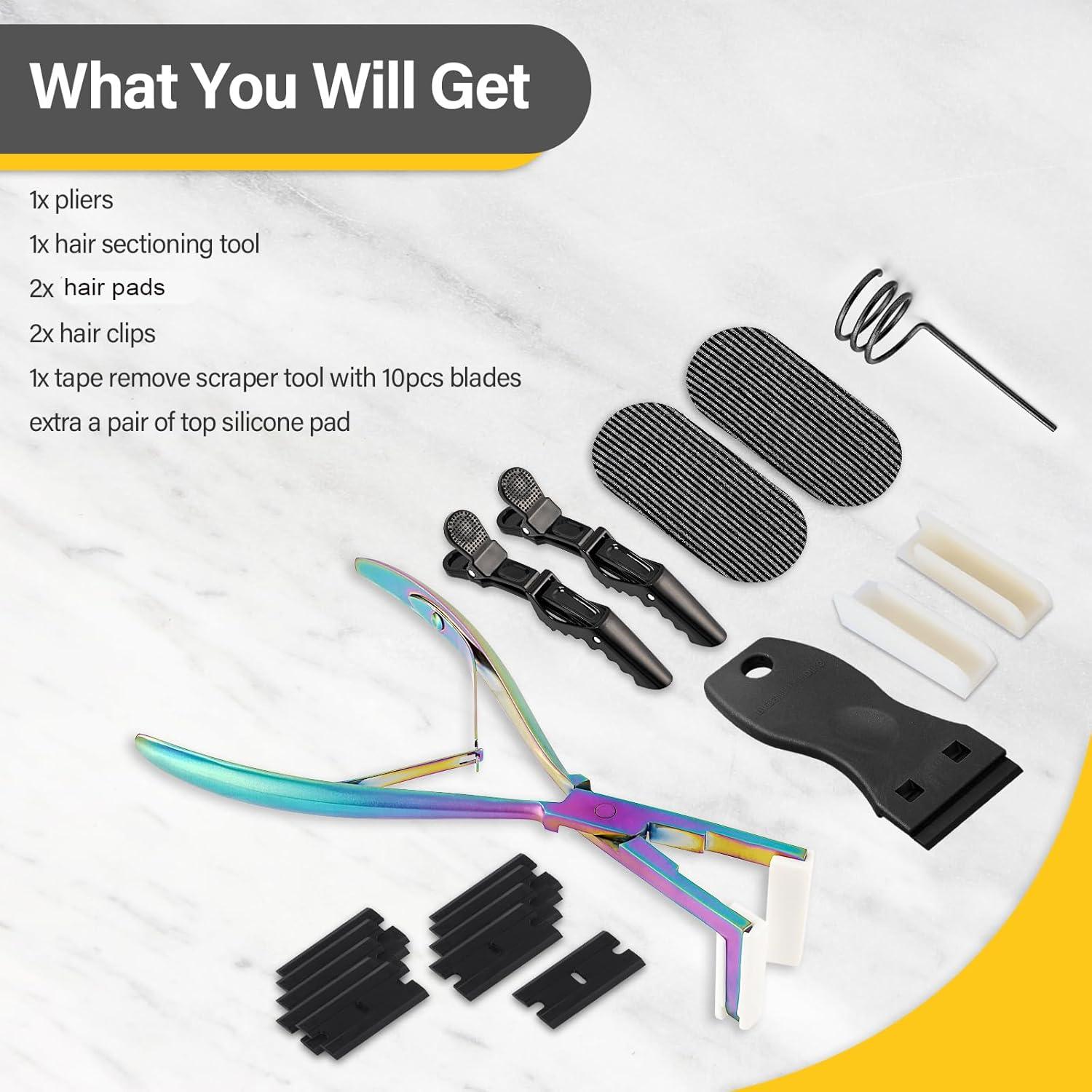imageGomake Tape in Hair Extension Tools Kit with Flat Surface Stainless Steel Tape in Hair Extensions Sealing Clamp PlierTape Remover Scraper ToolHair Clips Human Hair Extensions Styling ToolsPinkRainbow
