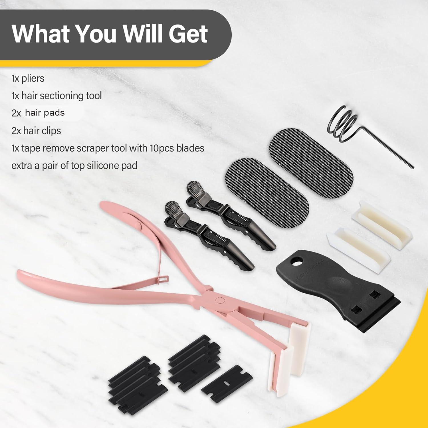 imageGomake Tape in Hair Extension Tools Kit with Flat Surface Stainless Steel Tape in Hair Extensions Sealing Clamp PlierTape Remover Scraper ToolHair Clips Human Hair Extensions Styling ToolsPinkPink