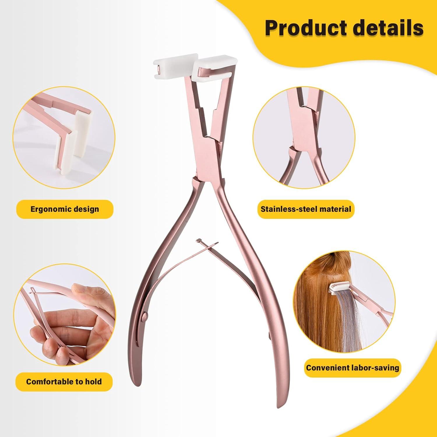 imageGomake Tape in Hair Extension Tools Kit with Flat Surface Stainless Steel Tape in Hair Extensions Sealing Clamp PlierTape Remover Scraper ToolHair Clips Human Hair Extensions Styling ToolsPinkPink