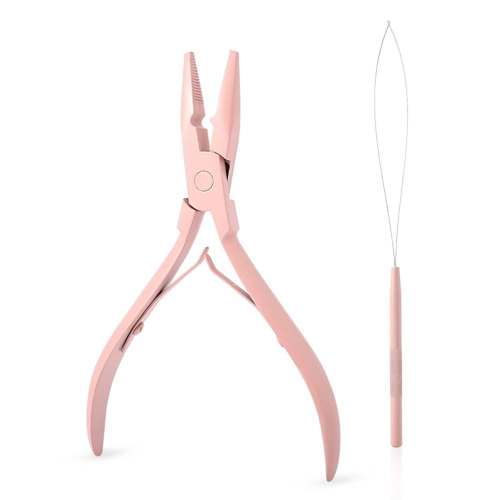 imageGomake Hair Extensions Closed and Remover Pliers set Micro Silicone Rings Beads Hair Extensions Loop Needle Threader Pulling Hook Tool and Bead Device Tool for Hair or Feather Extensions GoldPink