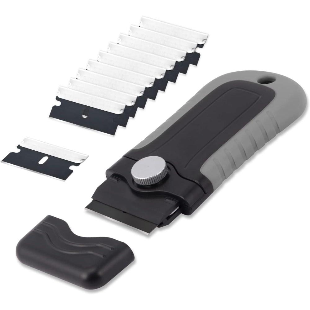 imageGomake Locking Razor Blade Scraper with Safety Cap Glass Cooktop Scraper with 10PCS Black Carbon Steel Blades for Glass Clean Paint and Old LabelDecal Sticker Remover Stove Top Scraper ToolGrey With Black Blades