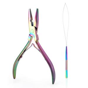 imageGomake Hair Extensions Closed and Remover Pliers set Micro Silicone Rings Beads Hair Extensions Loop Needle Threader Pulling Hook Tool and Bead Device Tool for Hair or Feather Extensions GoldRainbow