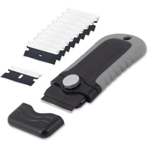 imageGomake Locking Razor Blade Scraper with Safety Cap Glass Cooktop Scraper with 10PCS Black Carbon Steel Blades for Glass Clean Paint and Old LabelDecal Sticker Remover Stove Top Scraper ToolGrey With Black Blades