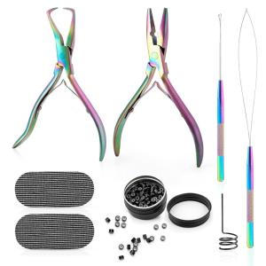 imageGomake Microlinks Hair Extensions Kit Hair Extension Closer and Removal Pliers Micro Beads Pulling Hook ampamp Microbead Loop Tool Micro Links Silicone Rings Bead 200PCSBlackRainbow